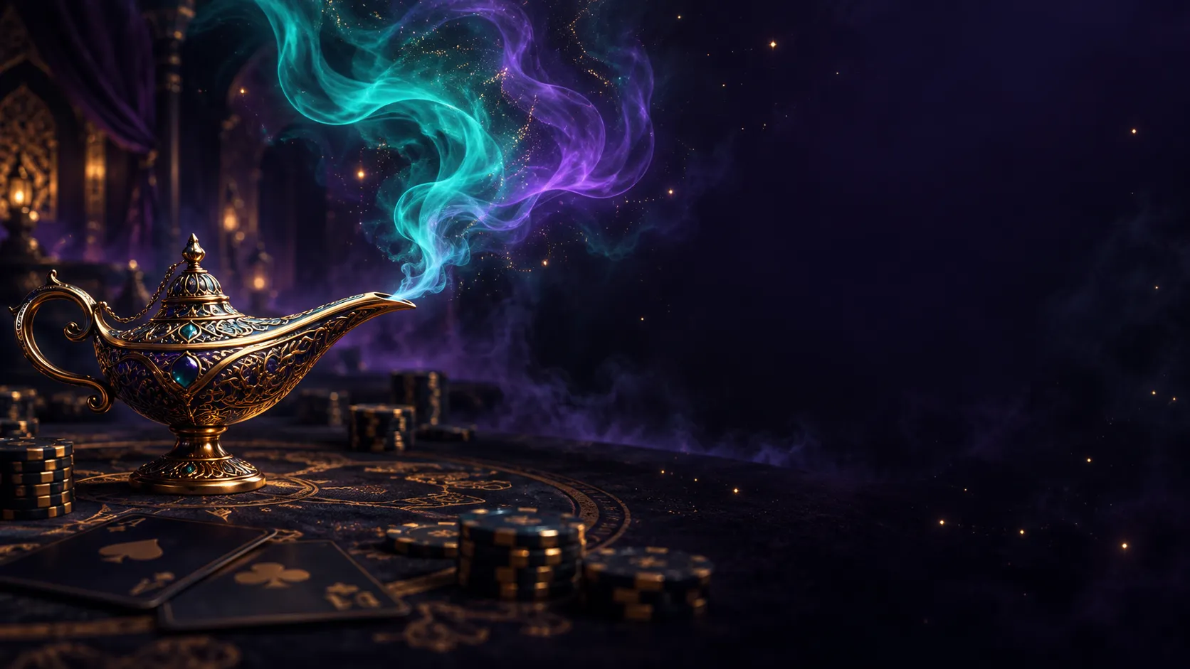 Swirling magic smoke rising from a genie lamp above a SpinDjinn Casino game table